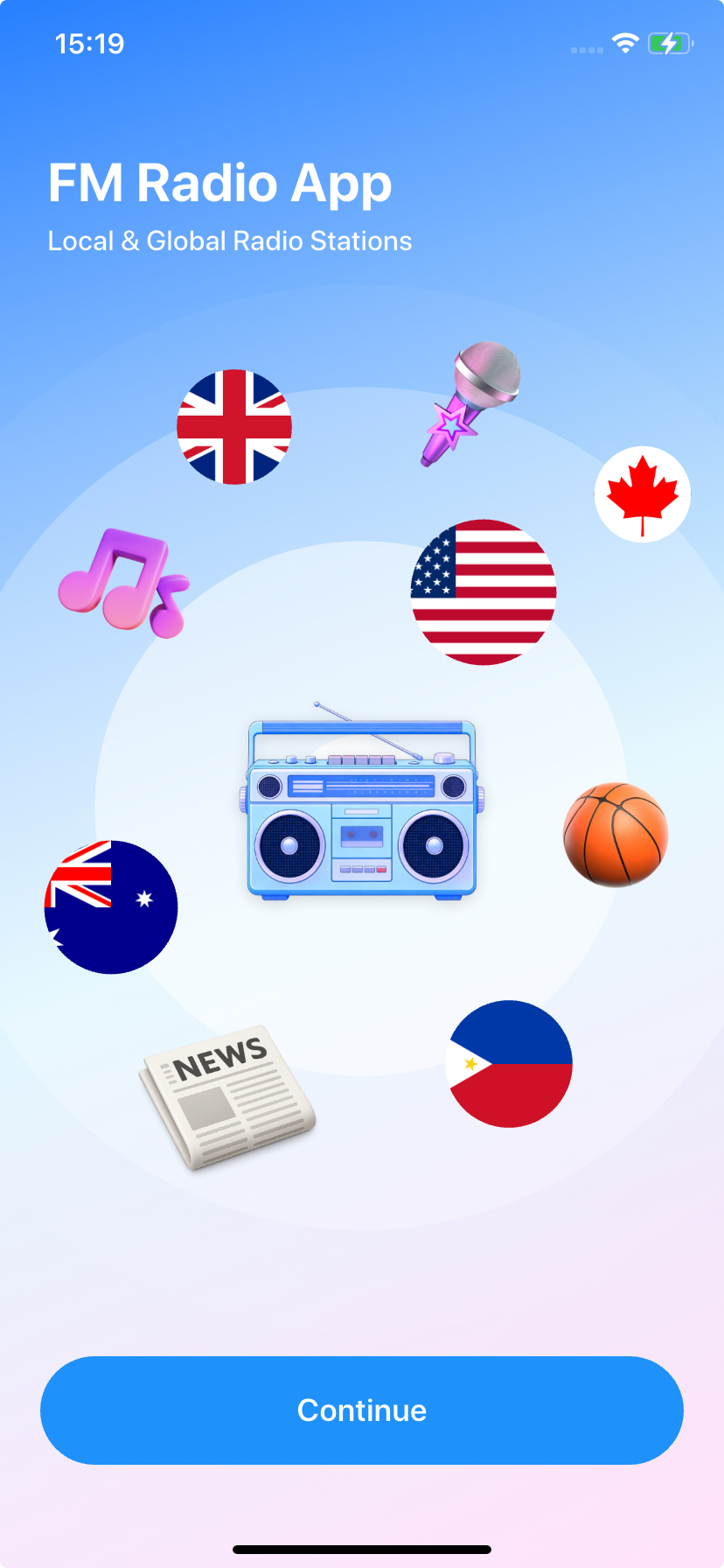 Radio Tuner English onboarding screen: FM Radio App, international radio artwork and Continue button